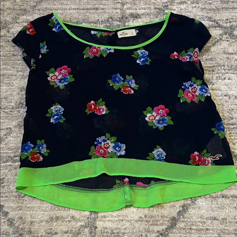Hollister Kids Floral Top with Neon Green Trim